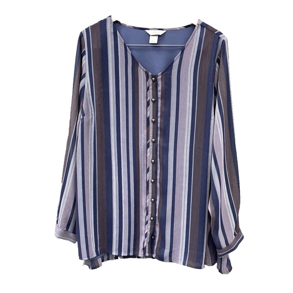 CJ Banks Layered Sheer Button Up Blouse Size 1X Muted Blue Purple Stripe Casual